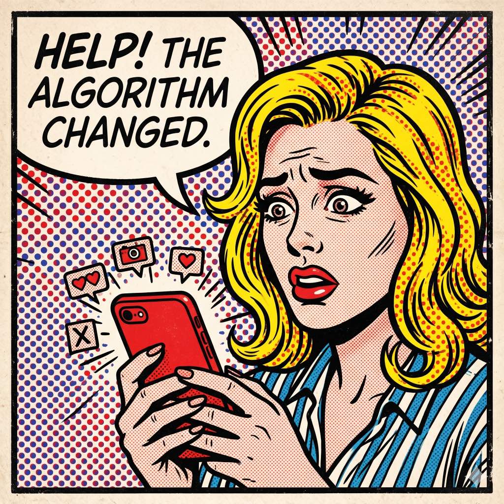 Stressed local business owner panicking over a broken social media algorithm link in bio